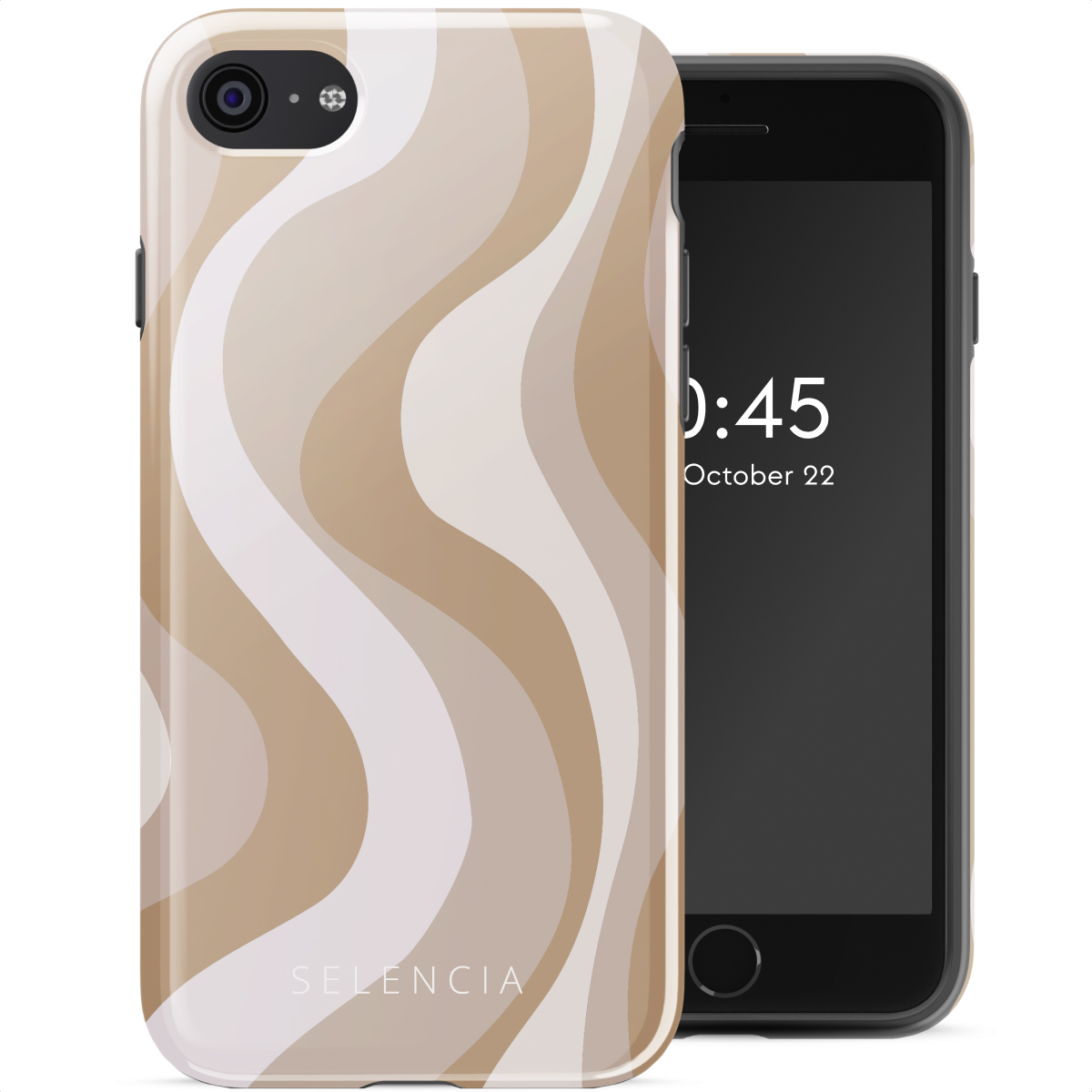 Telefoonhoesje met golvend beige en wit ontwerp op een zwarte telefoon. SELENCIA staat erop.