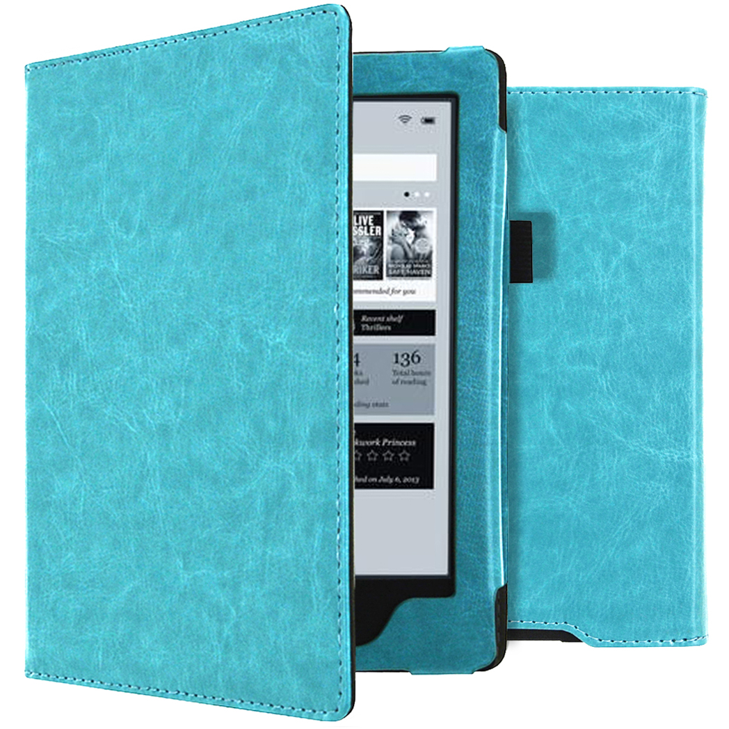 E-reader in een blauwe hoes, gedeeltelijk open. De hoes heeft een gestructureerde, leerachtige uitstraling.