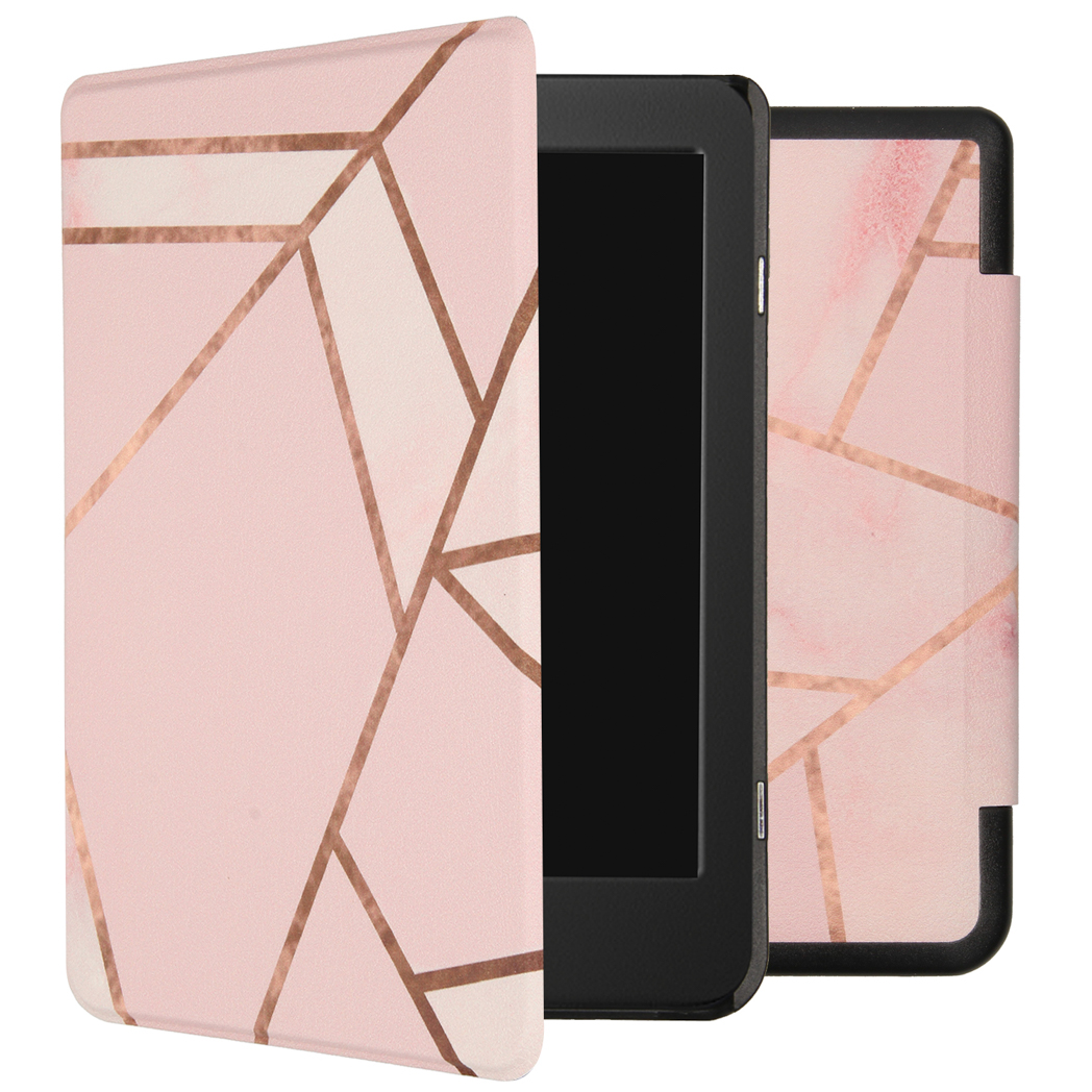 E-reader hoesje in roze met geometrisch ontwerp. Open om het apparaat te tonen. Roze, goud en wit ontwerp.