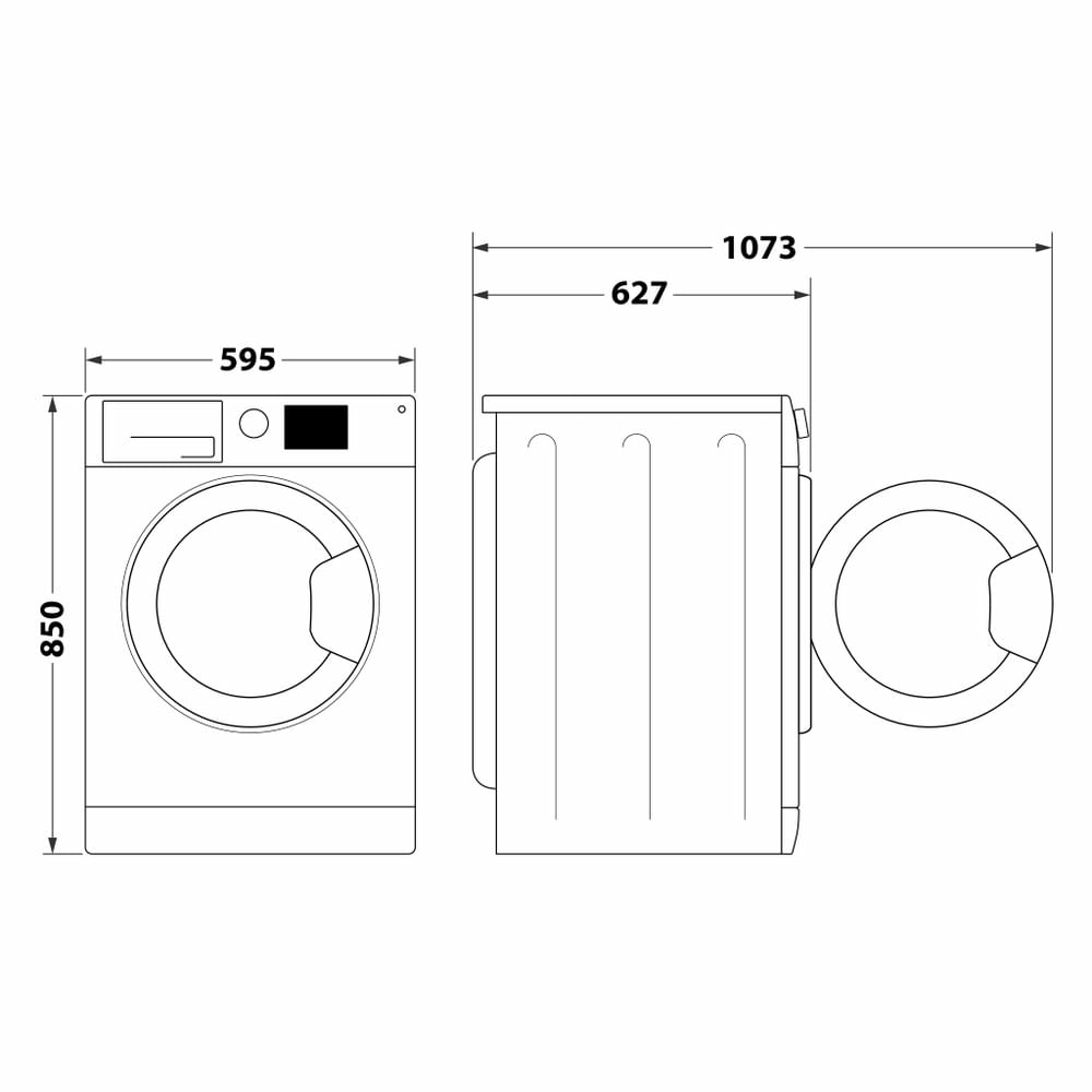 Diagramma di una lavatrice. Mostra le dimensioni: 850mm altezza, 595mm larghezza, 1073mm profondità.