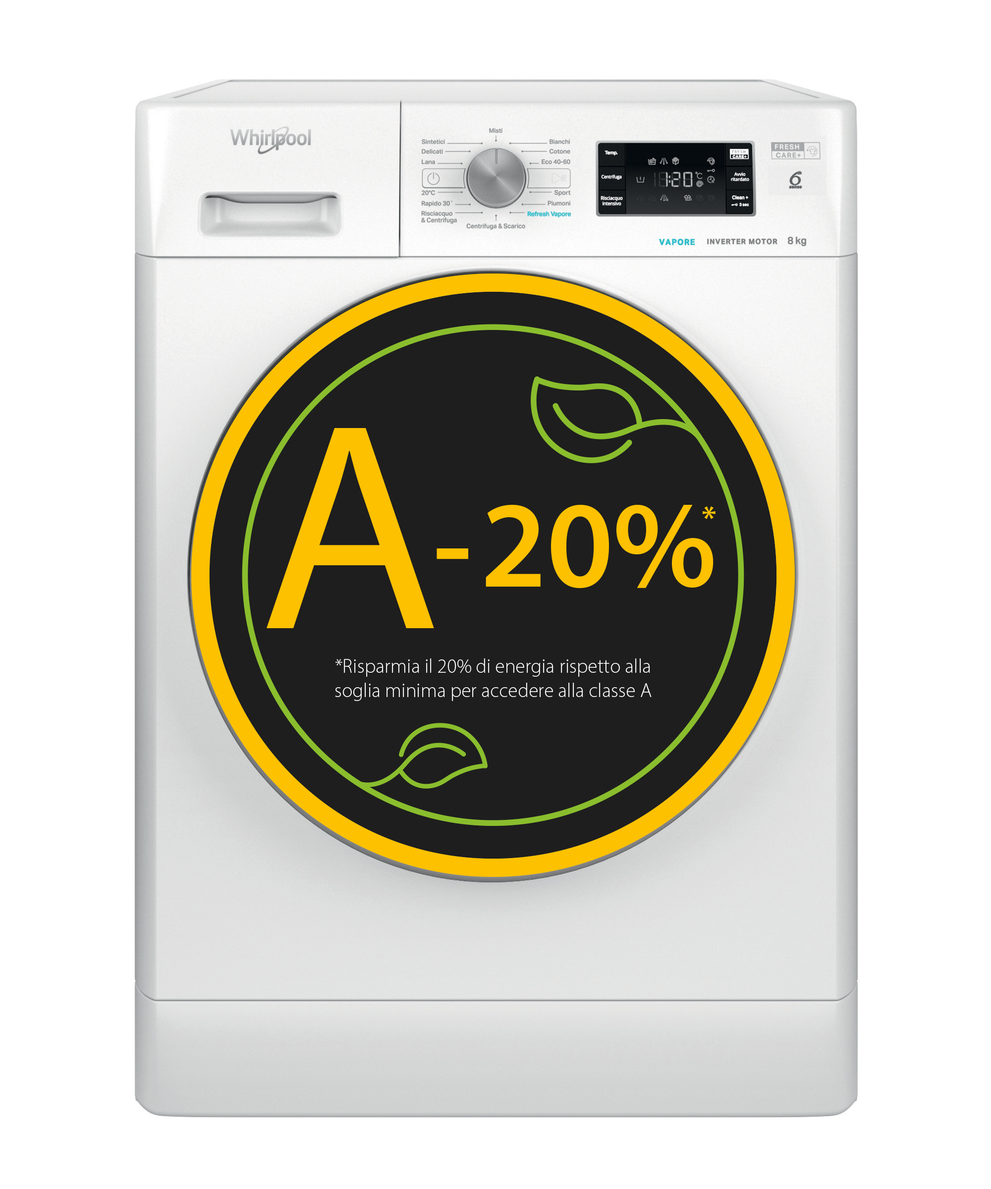 Lavatrice Whirlpool bianca con un grande adesivo di efficienza energetica sul davanti.