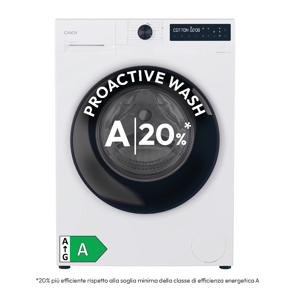 Biała pralka z czarnymi drzwiami, napisem 'PROACTIVE WASH' i etykietą energetyczną.