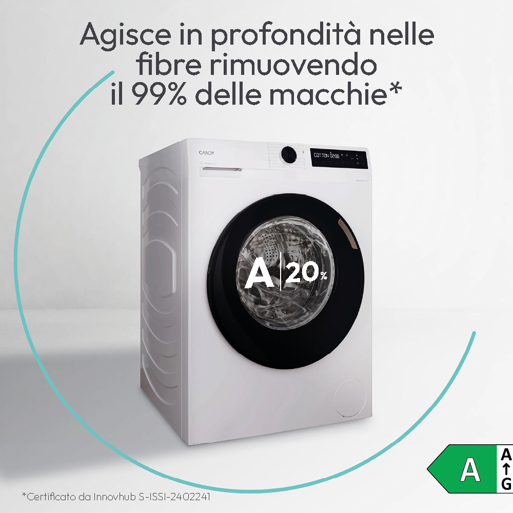 Biała pralka z czarnymi drzwiami. Grafika mówi, że usuwa 99% plam.