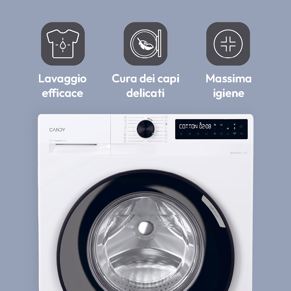 Biała pralka Candy z czarnymi drzwiami, z ikonami skutecznego prania, delikatnej pielęgnacji i higieny.