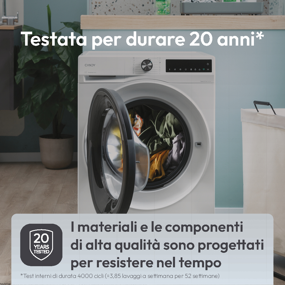 Biała pralka Candy z otwartymi drzwiami, ubrania w środku. Tekst: 'Testowane przez 20 lat'.