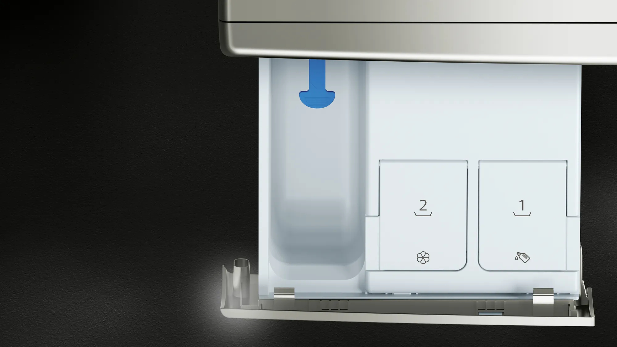 Primer plano del dispensador de detergente de una lavadora. Los compartimentos están etiquetados 1 y 2, con un inserto azul.