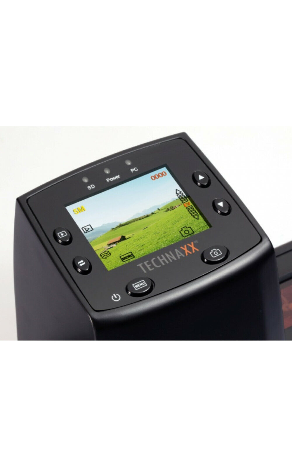 Schwarzer Handscanner mit Bildschirm, der eine Landschaft zeigt. Tasten und Menüetikett sichtbar.