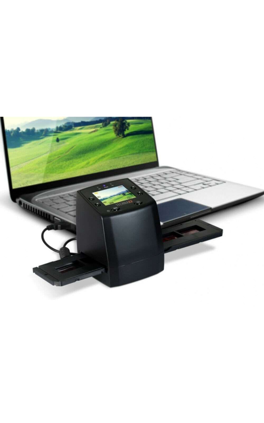 Ein schwarzer Film- und Diascanner mit einem Laptop im Hintergrund, der ein Bild anzeigt.