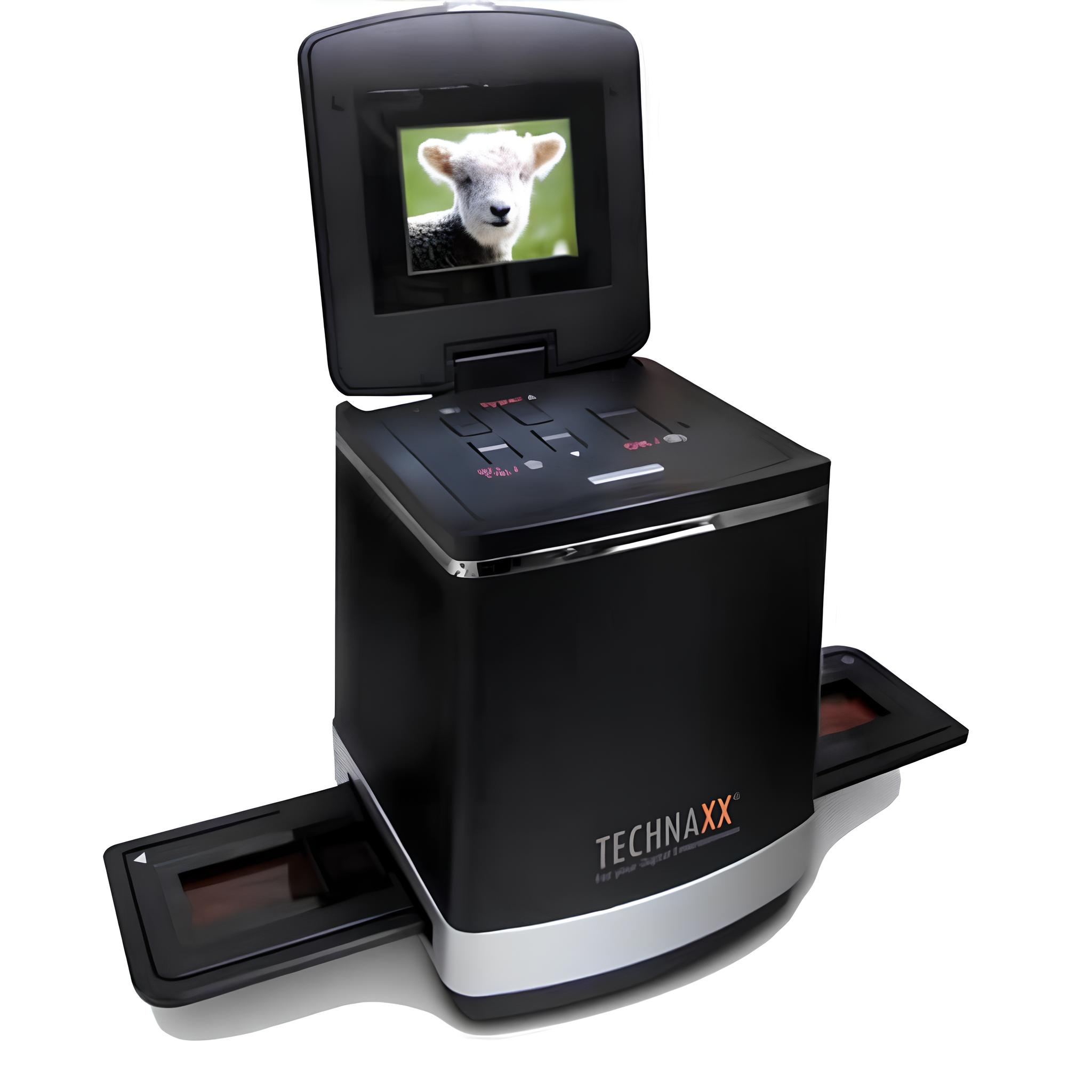 Ein schwarzer Filmscanner mit einem Bildschirm, der ein Lamm zeigt, mit zwei Trays seitlich.