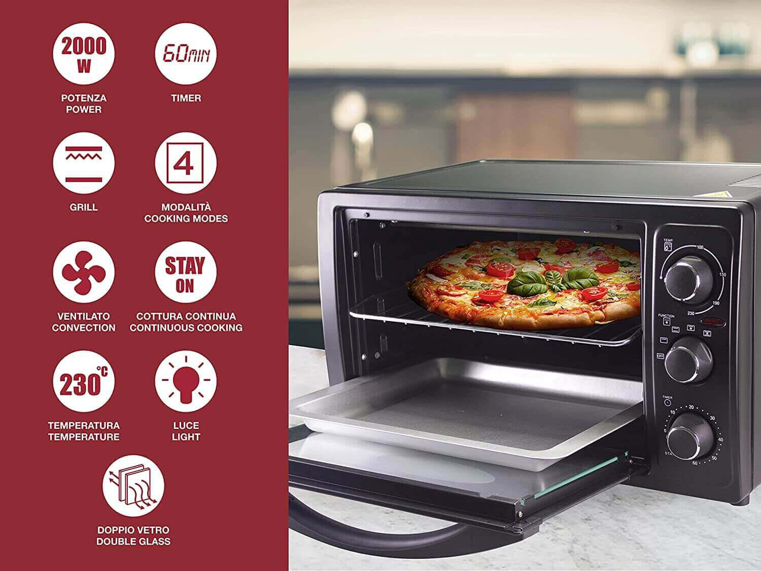 Schwarzer Ofen mit Pizza im Inneren und Symbolen mit Funktionen, einschließlich Temperatur und Kochmodi.