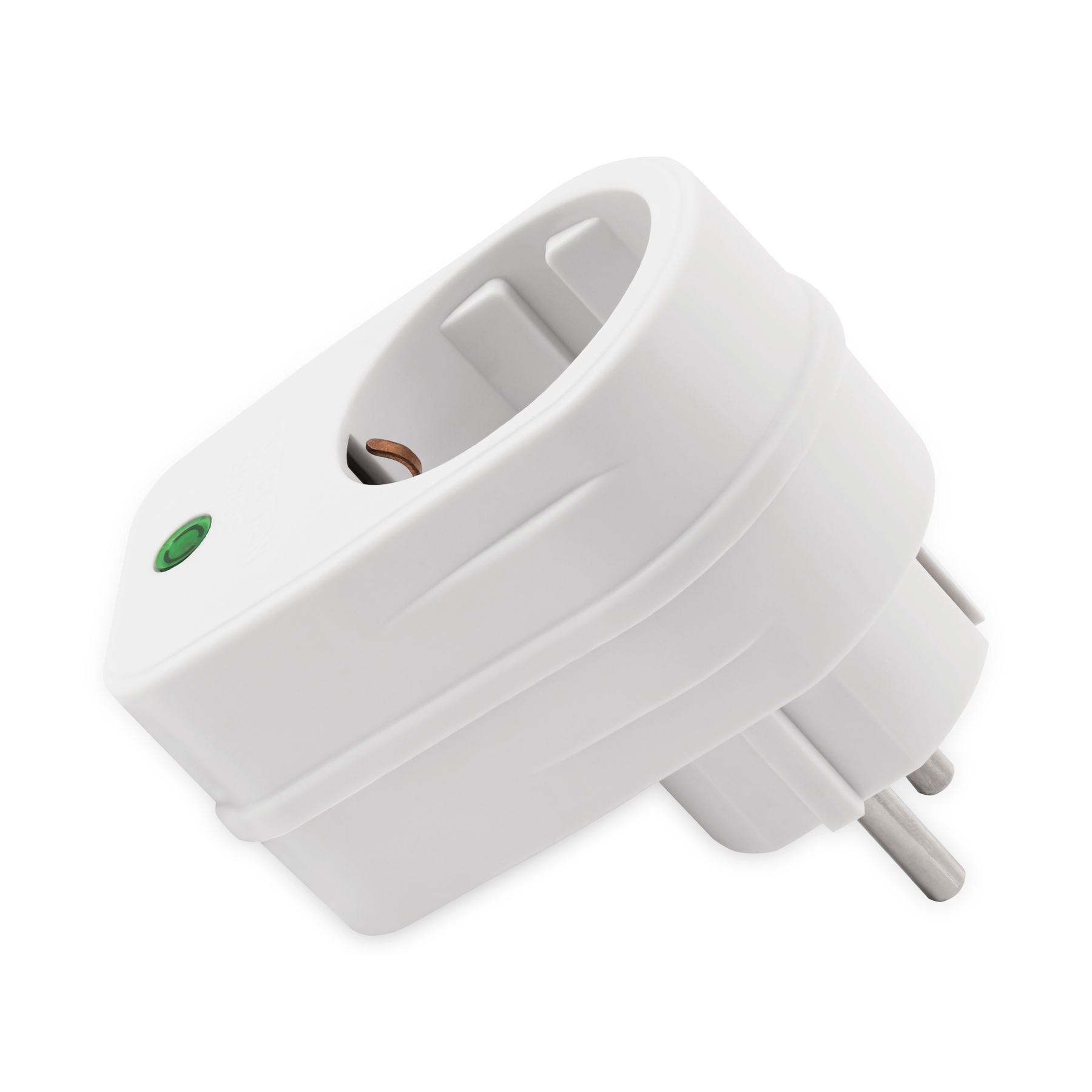 Weißer Netzadapter mit grünem Licht, schräge Ansicht, für europäische Steckdosen.