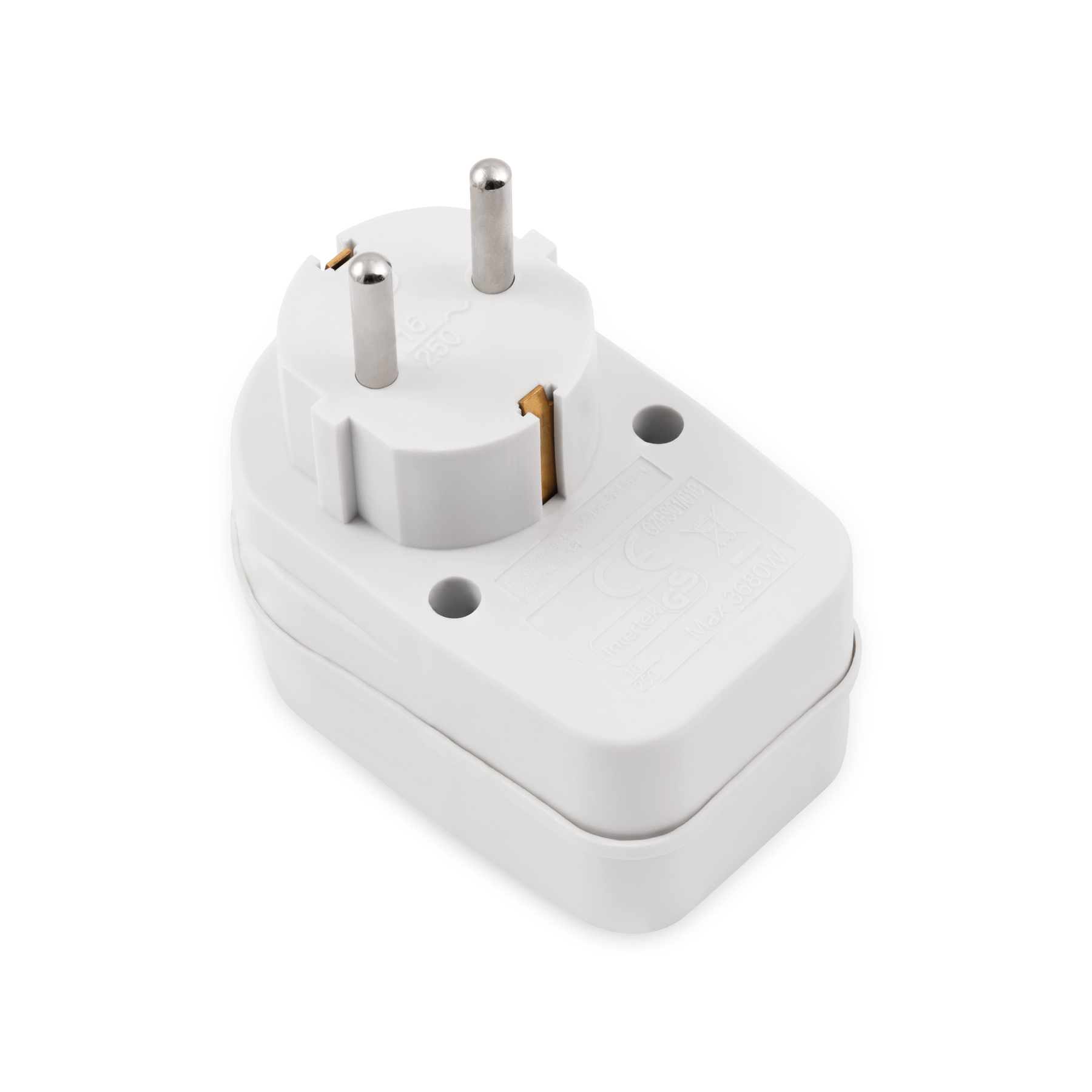 Ein weißer Adapter mit zwei Stiften und einem flachen Sockel. Er dient zum Umwandeln von Steckern für verschiedene Steckdosen.