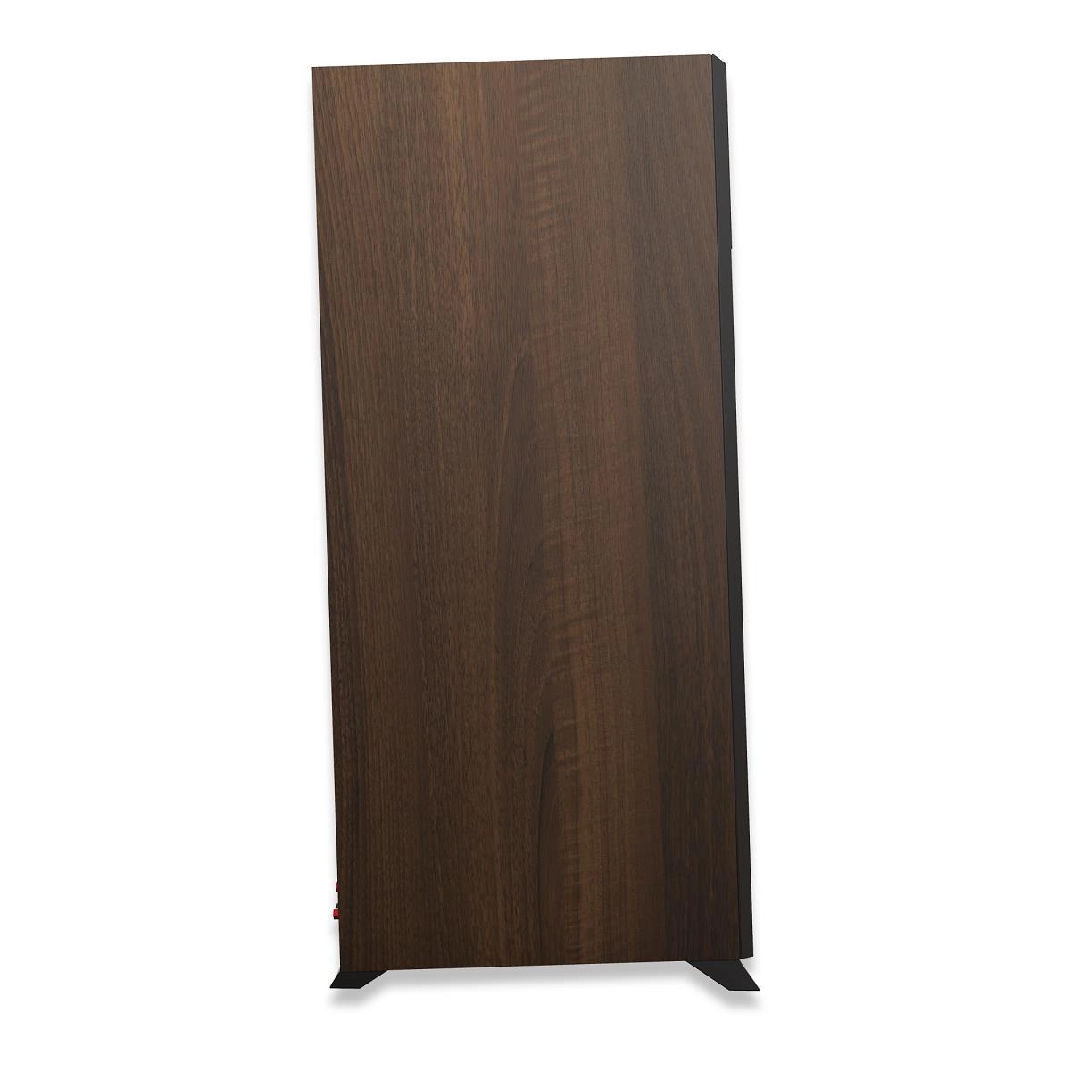 Dunkler Holzschrank, hoch, mit vertikaler dunkler Holzplatte.