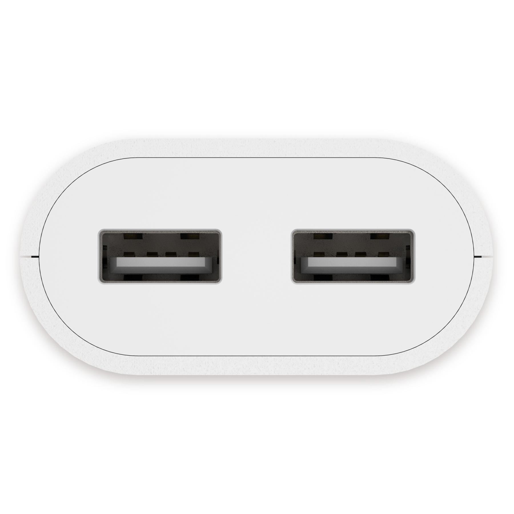Weißer USB-Adapter mit zwei USB-Anschlüssen, Draufsicht, auf weißem Grund.