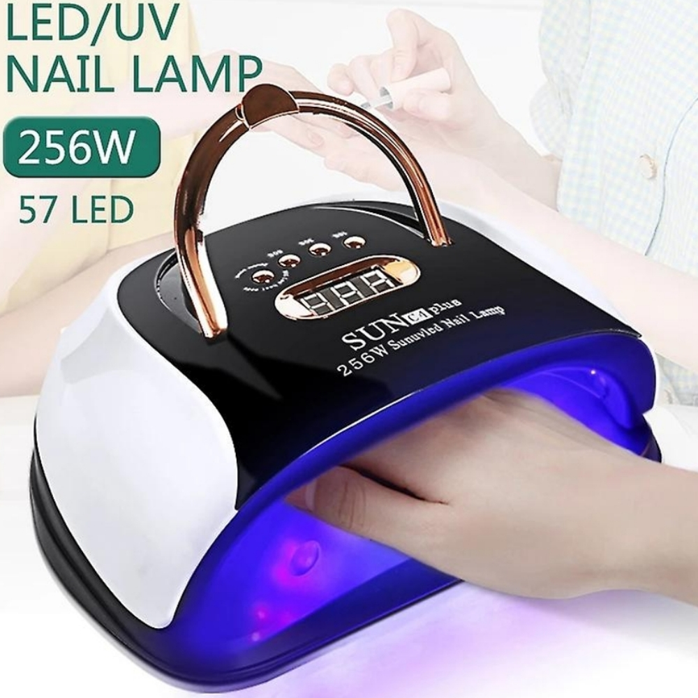 Eine schwarz-weiße LED-Nagellampe mit einer Hand darin.