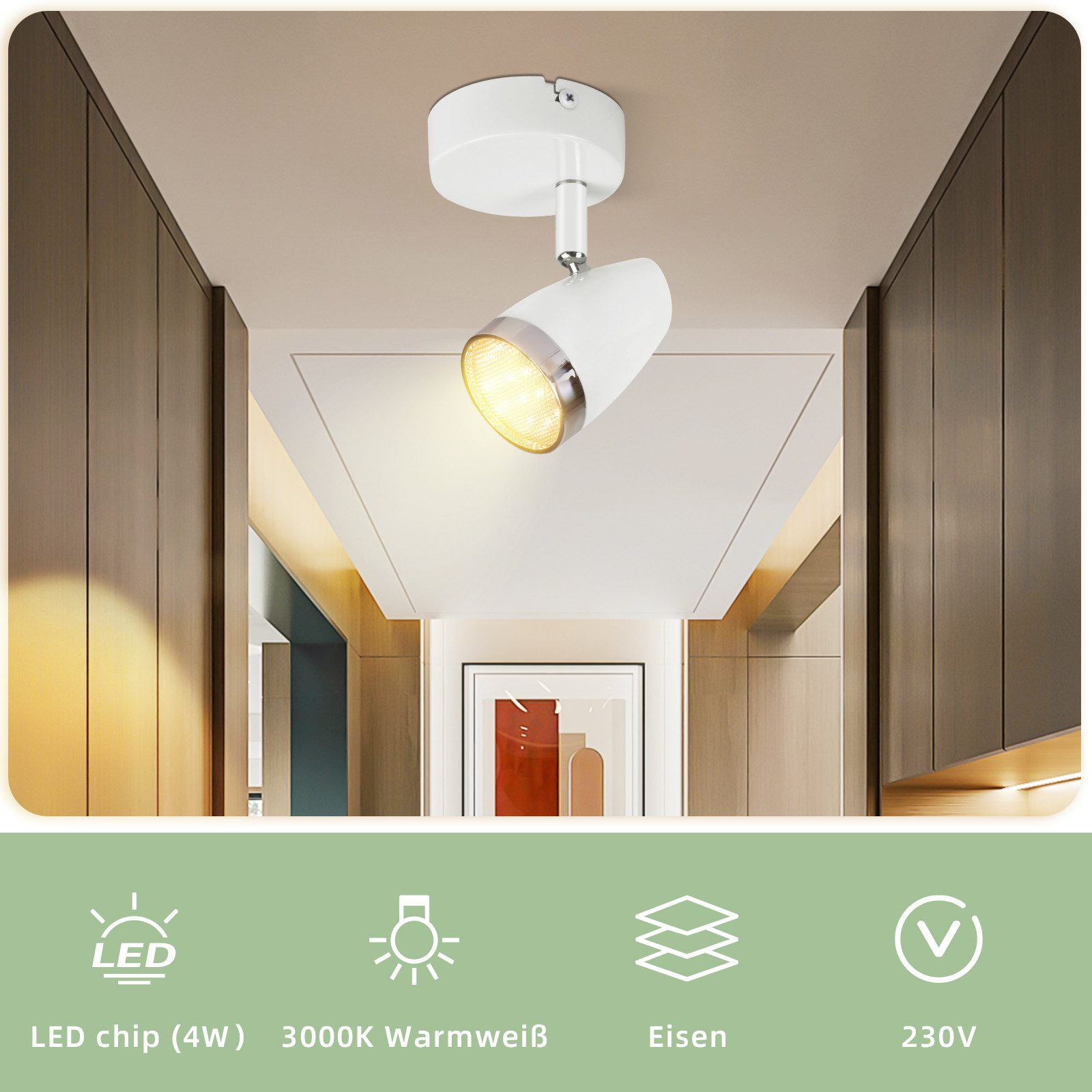 Lampada da soffitto bianca con testa regolabile, illumina un corridoio. Pareti marroni e un'immagine sullo sfondo.