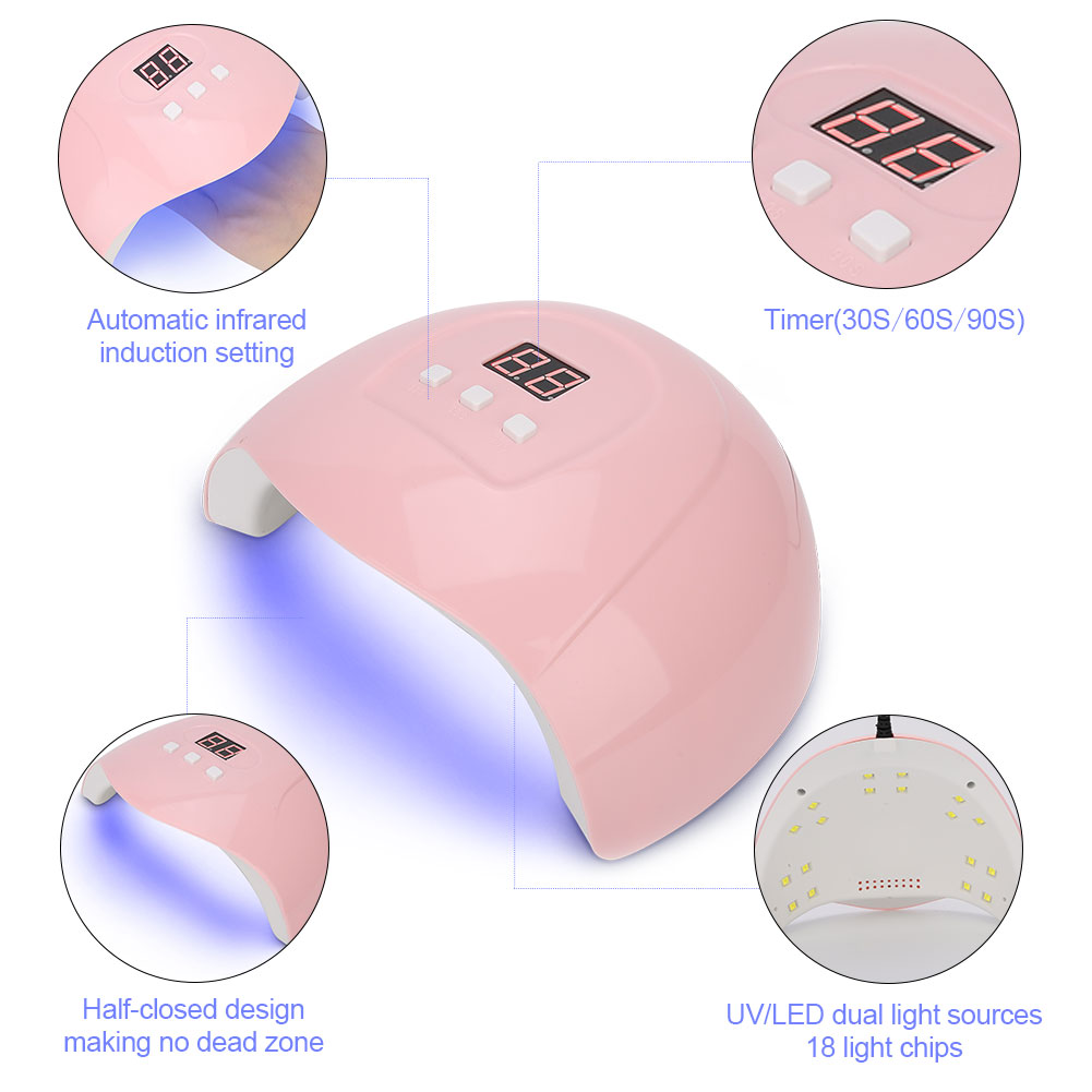 Eine rosa UV/LED-Nagellampe mit Knöpfen und Displays. Merkmale sind Infrarot-Automatik.