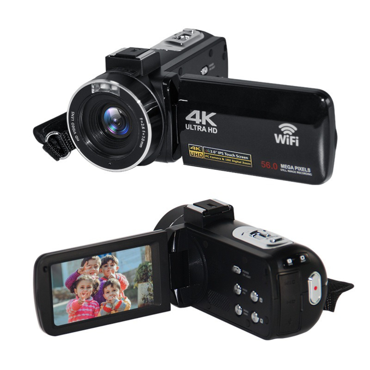 Zwei Ansichten eines schwarzen 4K Ultra HD Camcorders. Eine Ansicht zeigt den geöffneten Bildschirm, der eine Familie anzeigt.