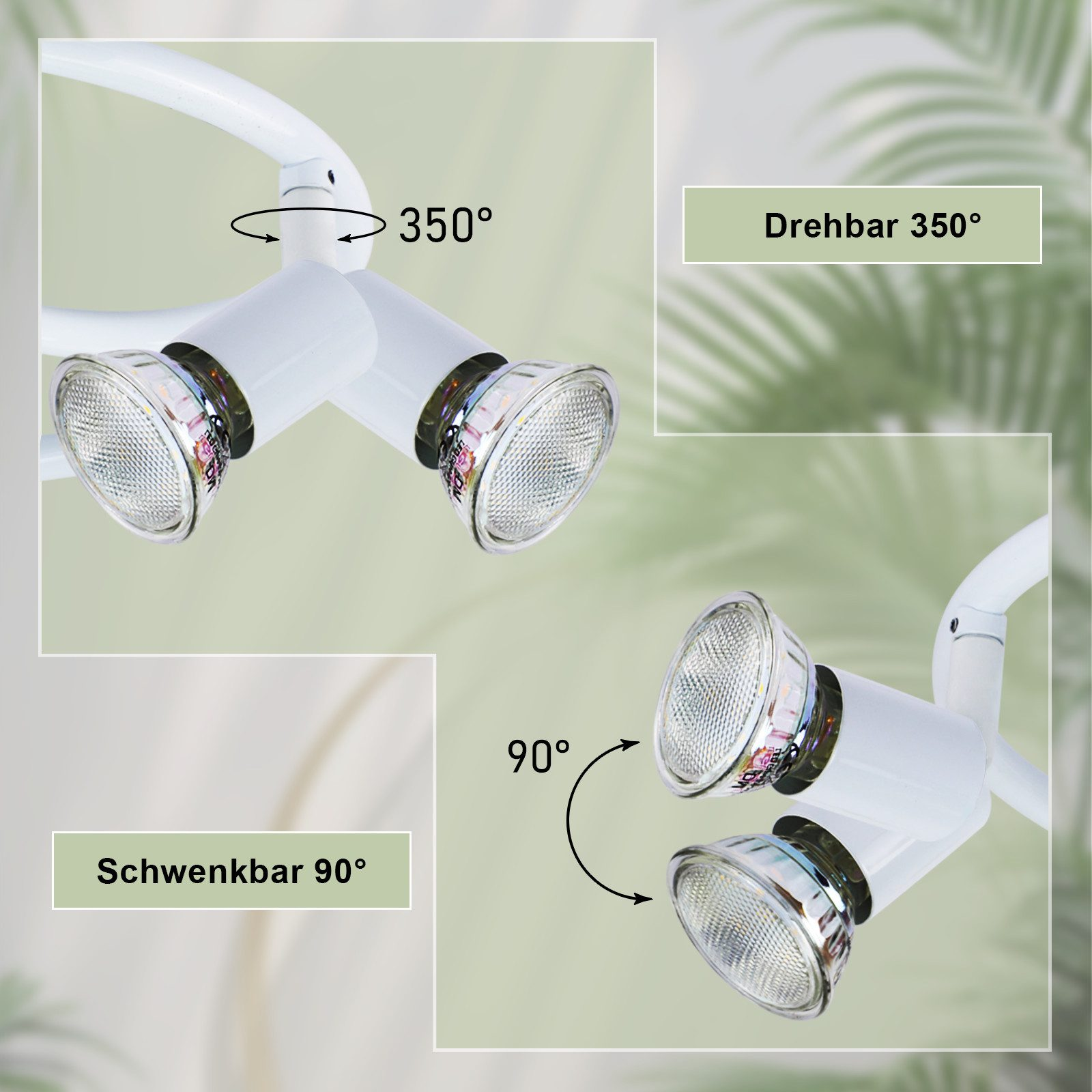 Dwa zestawy reflektorów, zamontowane na białej konstrukcji, są regulowane z obrotem 350° i obrotem 90°.