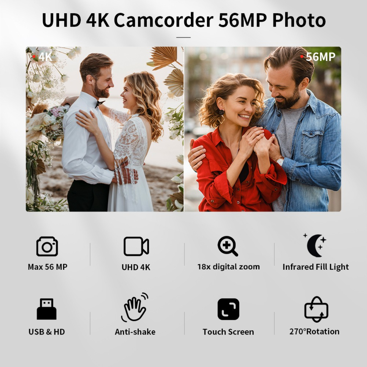 Bild, das eine Hochzeit und ein Paar zeigt, mit Funktionen wie 4K, 56MP und anderen Symbolen.