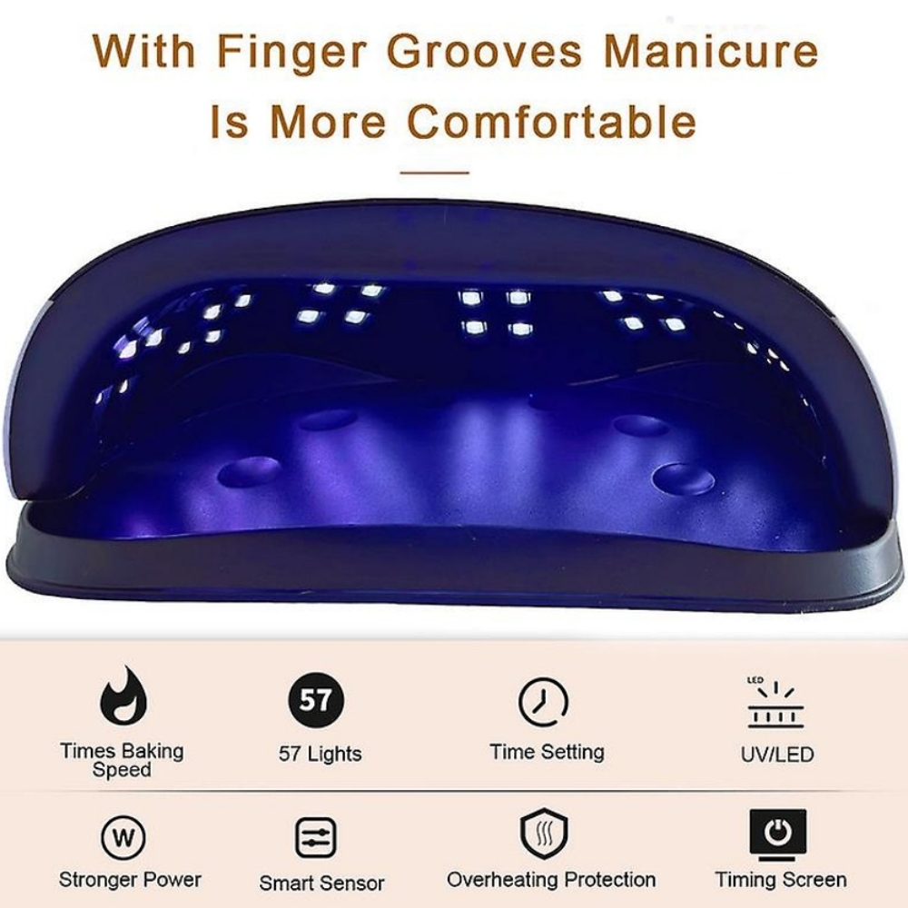 Blaue UV/LED-Nagellampe mit geschwungener Form. Zeigt 57 Lichter, Leistung und andere Einstellungen.