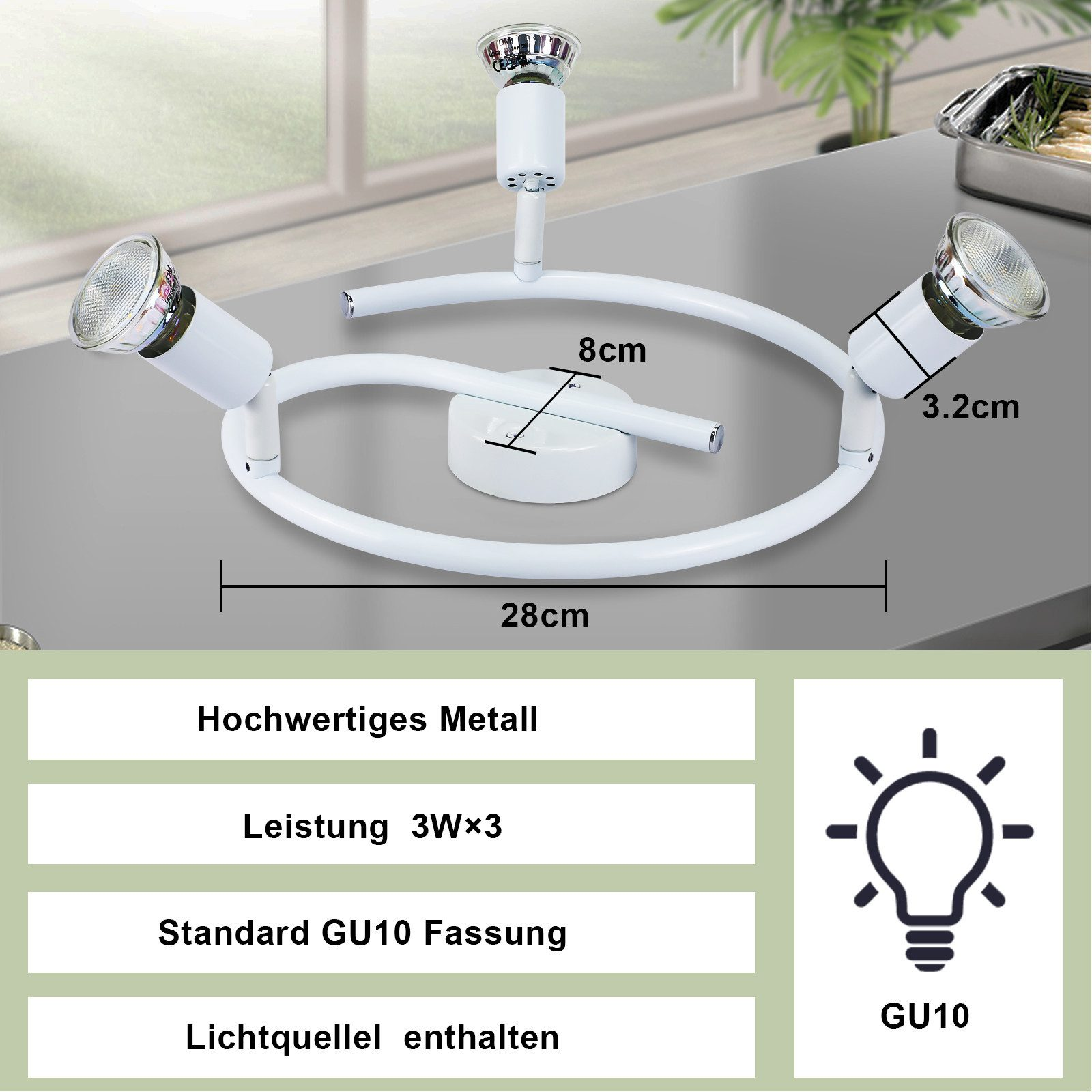 Białe oświetlenie szynowe z trzema światłami. Wymiary i specyfikacje są oznaczone wokół produktu.