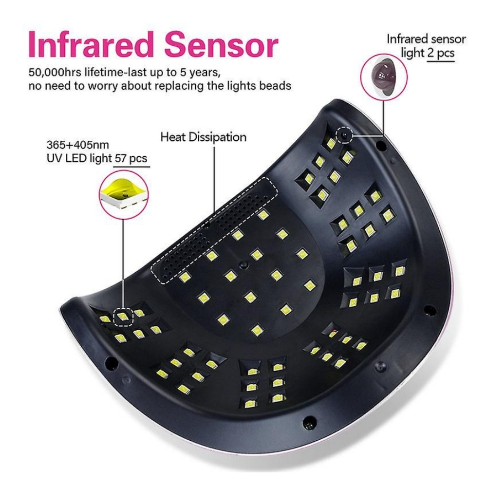 Eine schwarze Nagellampe mit UV-LED-Lichtern. Text beschreibt Infrarotsensor und Wärmeableitung.