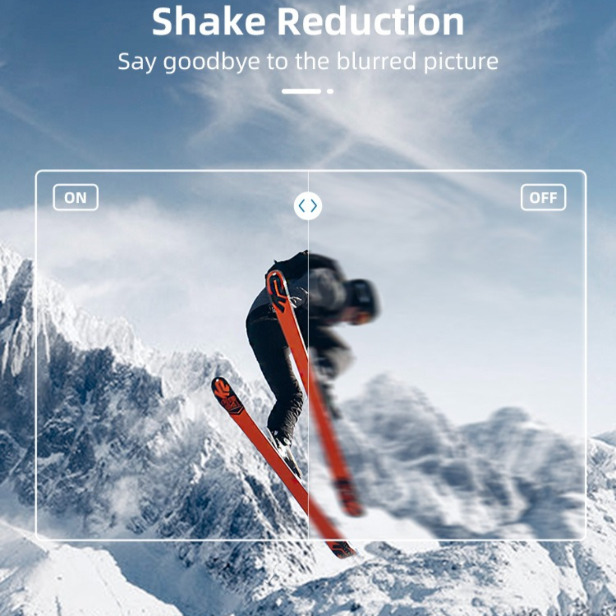 Ein Bild, das einen verschwommenen und scharfen Skifahrer zeigt. Der Text 'Shake Reduction' erscheint.