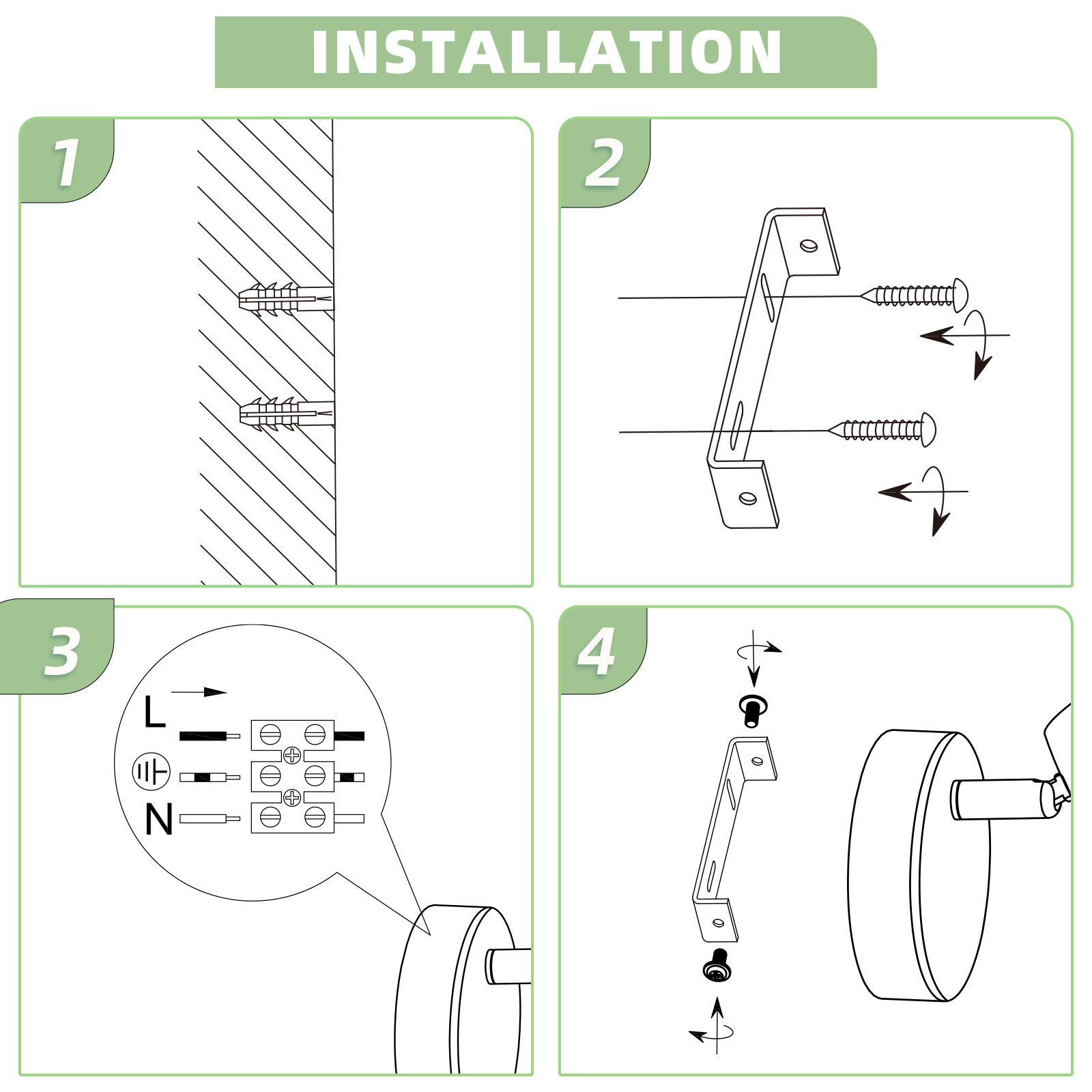Instrukcja instalacji z czterema krokami: wiercenie otworów, mocowanie wsporników, podłączanie przewodów i montaż urządzenia.