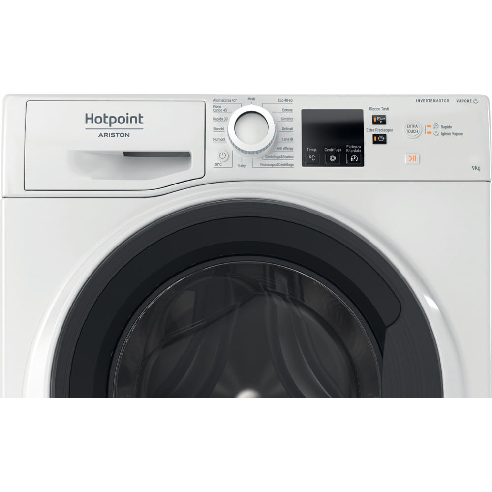 Lavatrice Hotpoint Ariston bianca, pannello comandi con pulsanti e display.