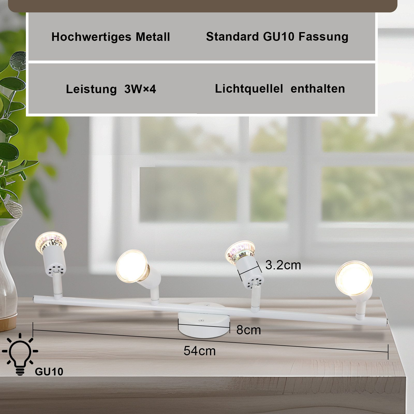 Białe oświetlenie szynowe z czterema światłami, wymiarami i tekstem w języku niemieckim.