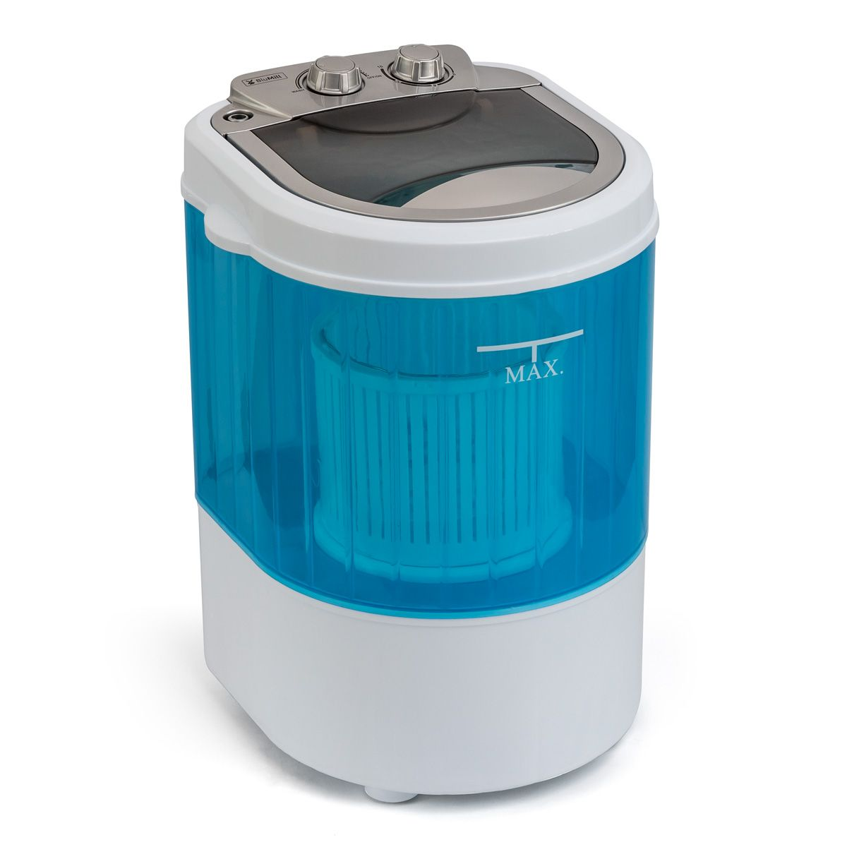 Een kleine, draagbare wasmachine, wit en blauw, met waterniveau-indicator.