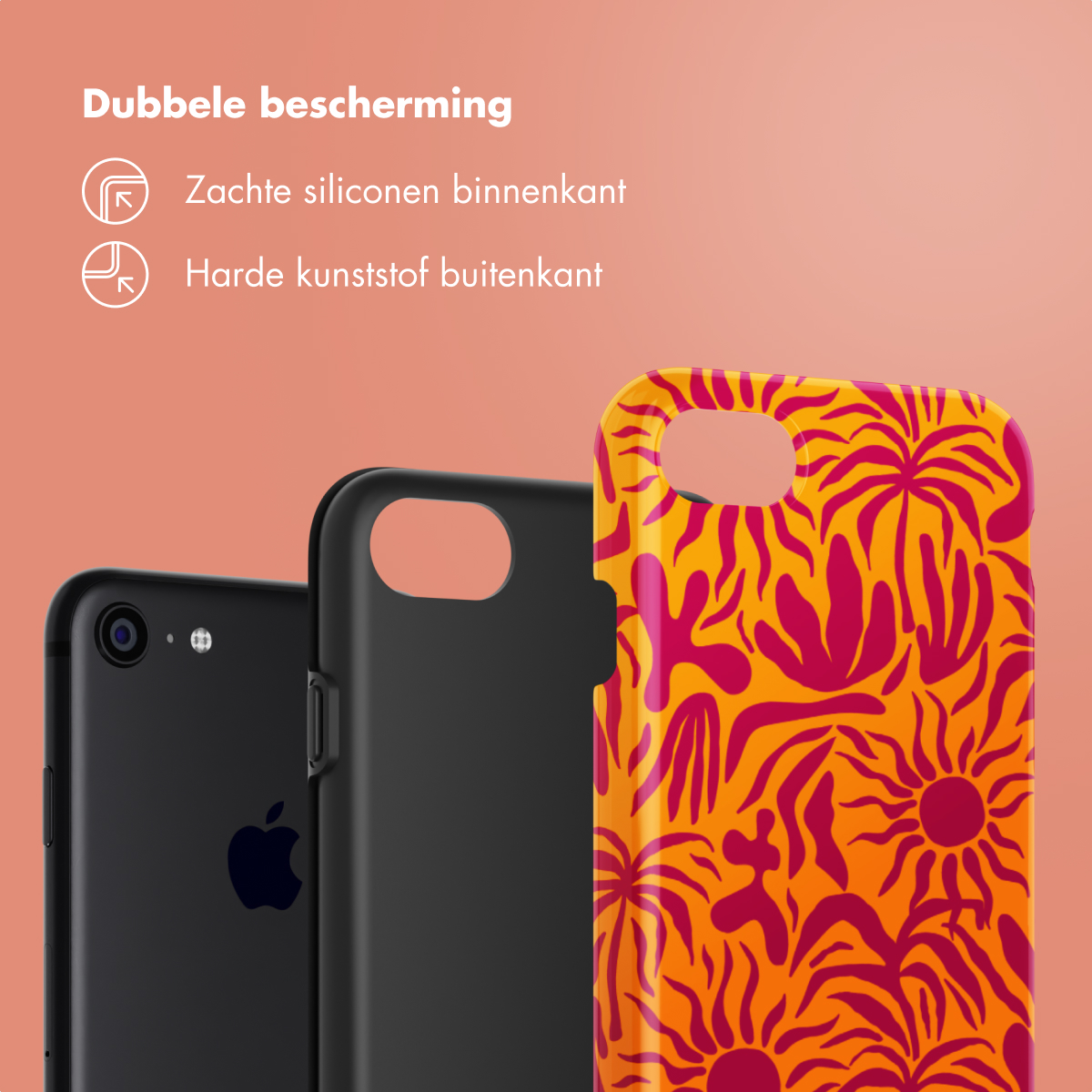 Drie telefoonhoesjes, één op een telefoon en twee apart, met dubbele bescherming: zachte siliconen binnenkant.