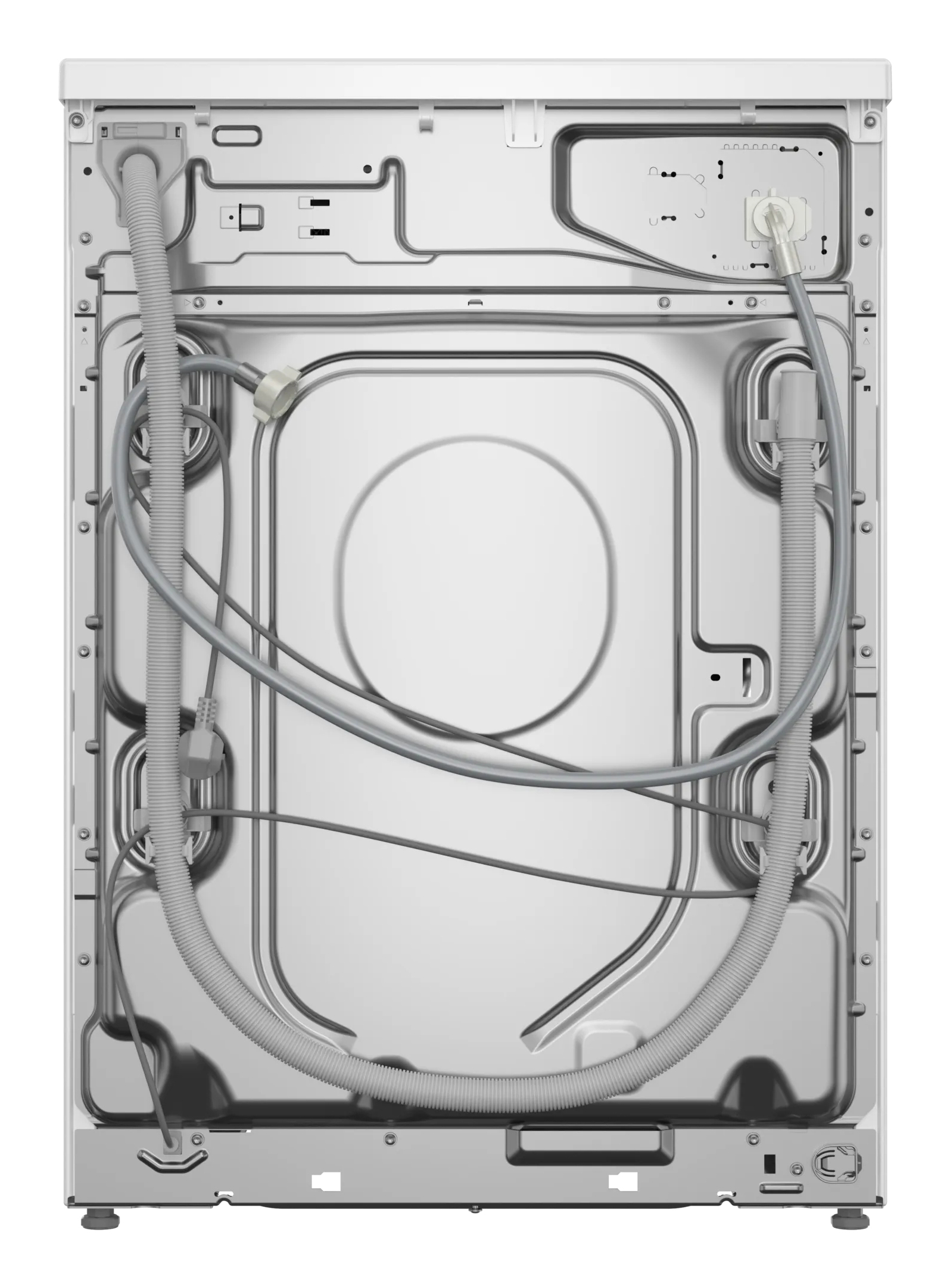 Parte trasera de lavadora blanca, con mangueras, cables y componentes metálicos.