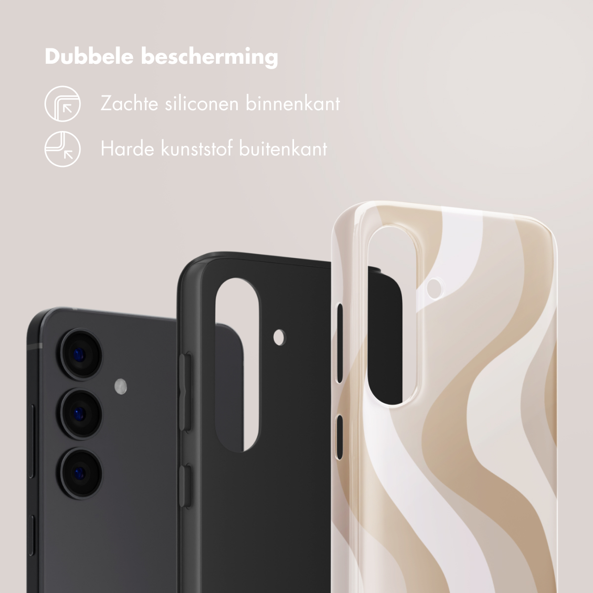 Tre custodie per telefono. Etichette: doppia protezione, silicone morbido all'interno, plastica dura all'esterno.