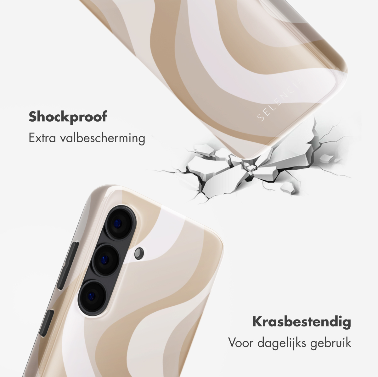 Custodia con vortici beige e bianchi, mostra superficie incrinata, testo menziona 'Antishock'.