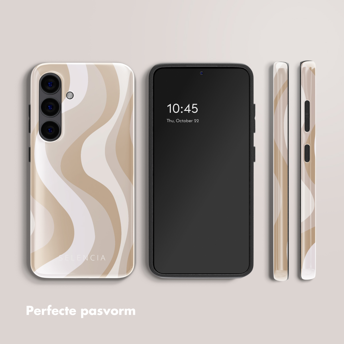 Custodia per telefono con design a onde beige, telefono nero con visualizzazione dell'ora e viste laterali.