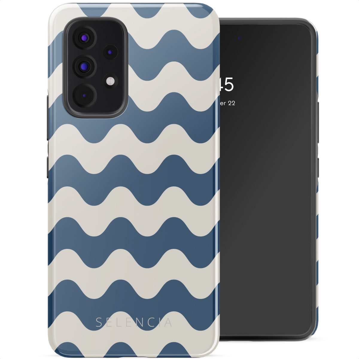 Téléphone avec coque à motif de vagues bleues et blanches. L'écran affiche l'heure. SELENCIA.