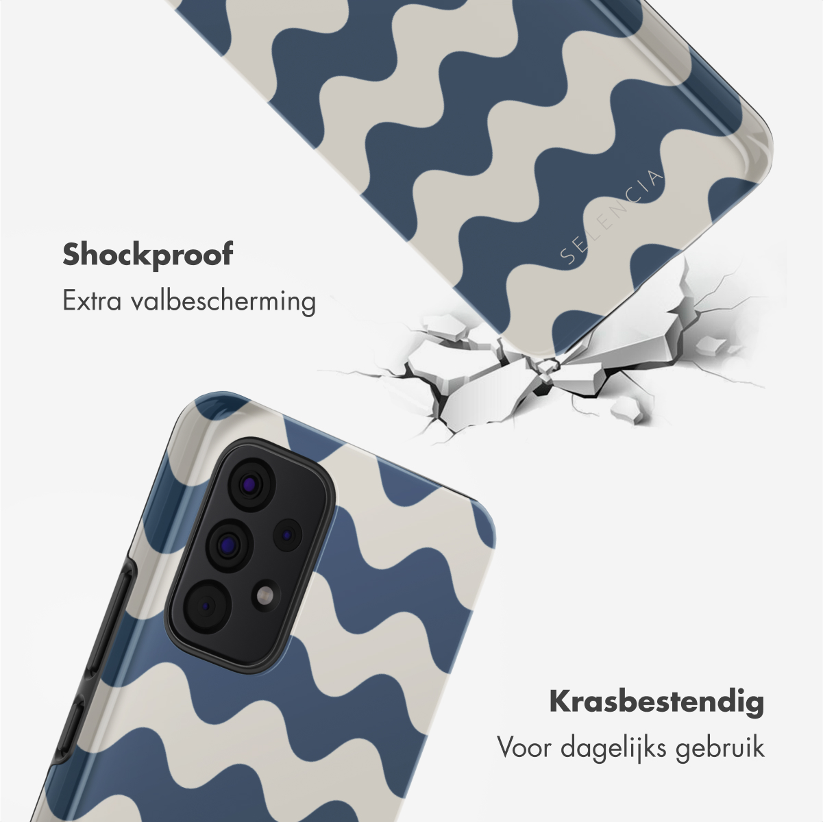 Coque de téléphone avec un motif ondulé bleu et beige, avec une surface fissurée et du texte sur antichoc.