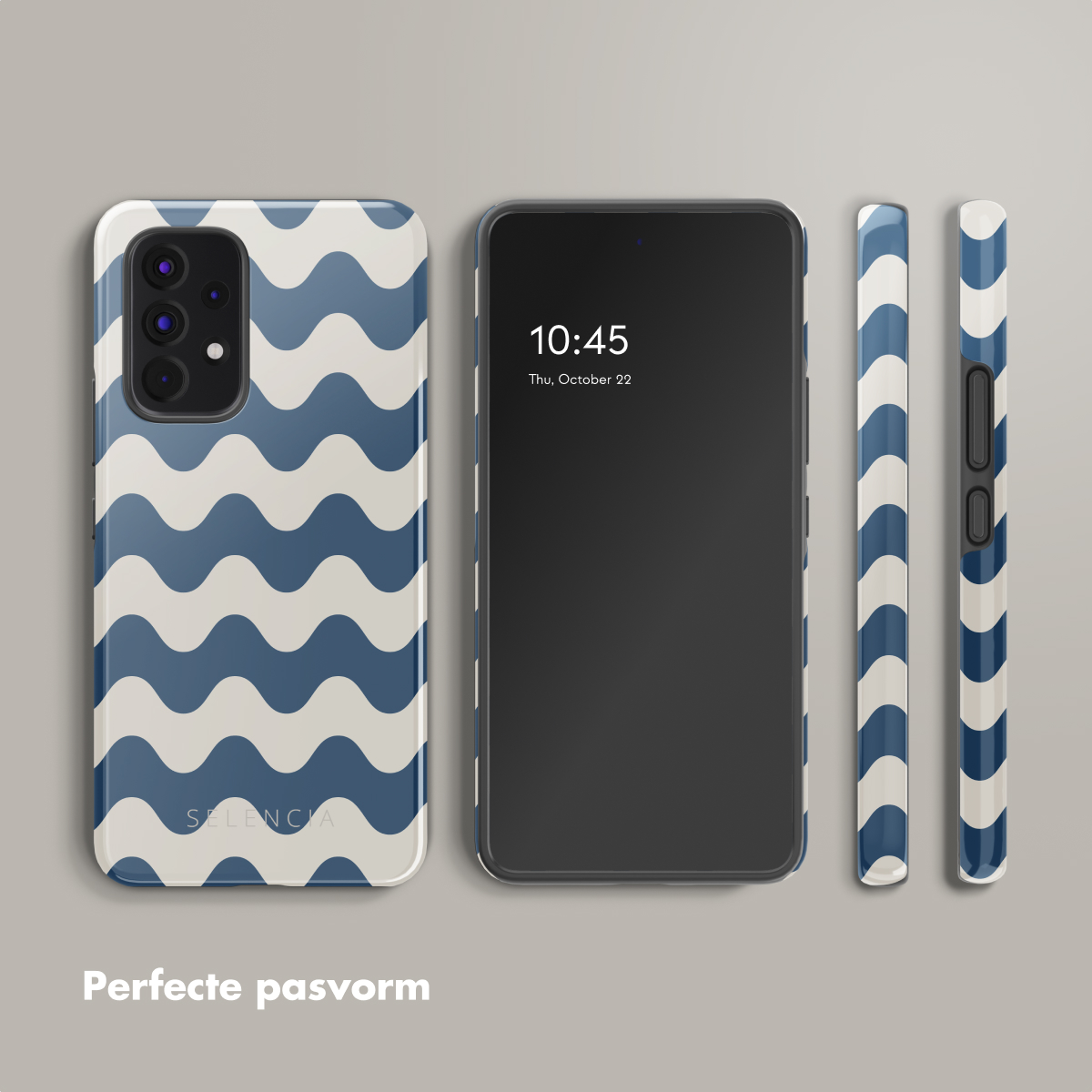 Un téléphone et trois étuis assortis avec un motif ondulé. Texte : Ajustement parfait.