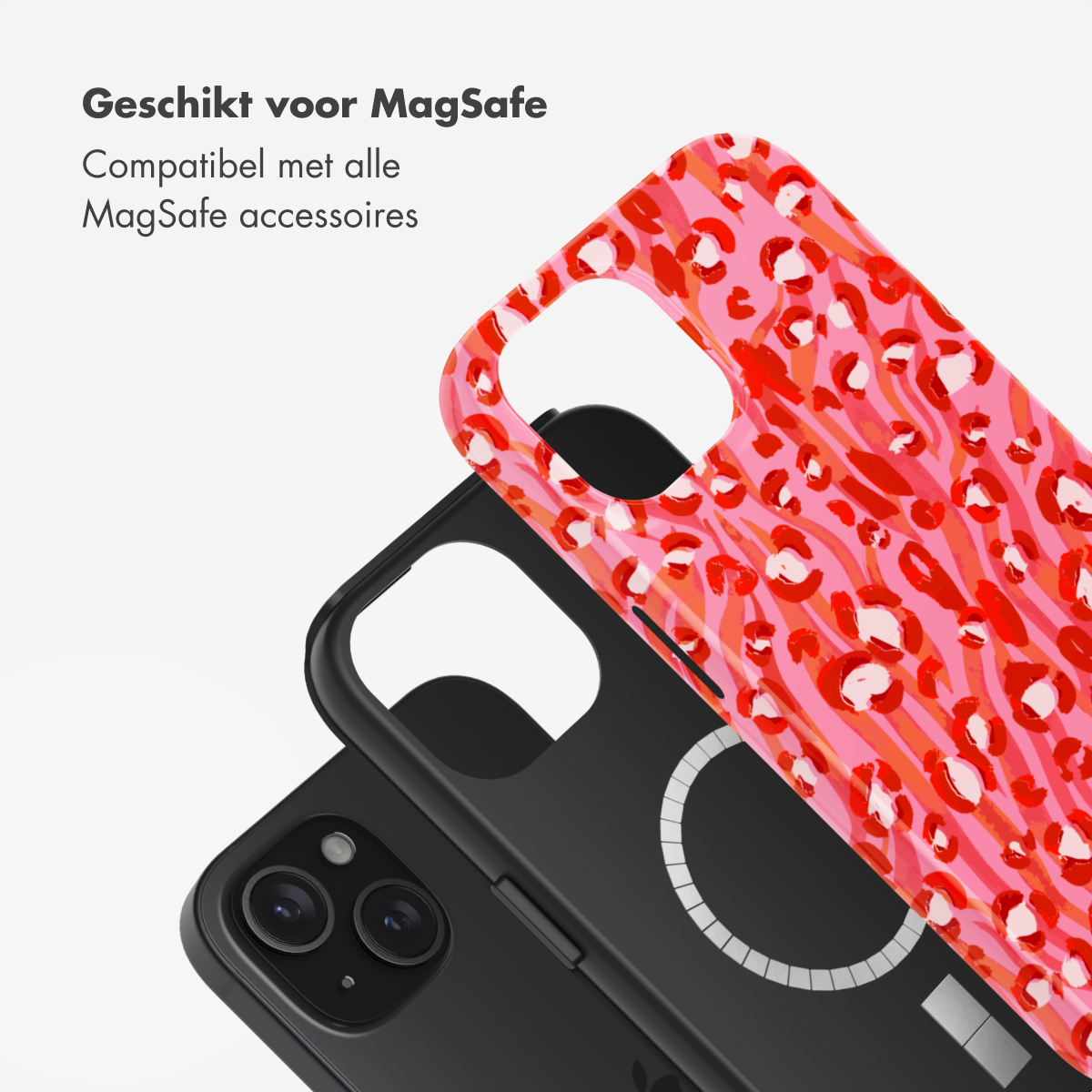 Phone case with a red and pink animal print, with a black phone and MagSafe details.