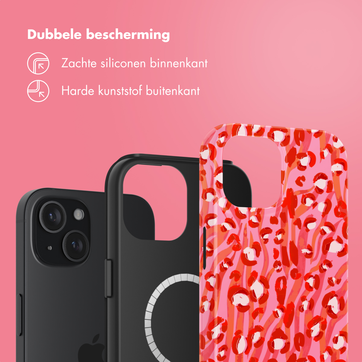 Three phone cases. Labels: double protection, soft silicone inside, hard plastic outside.