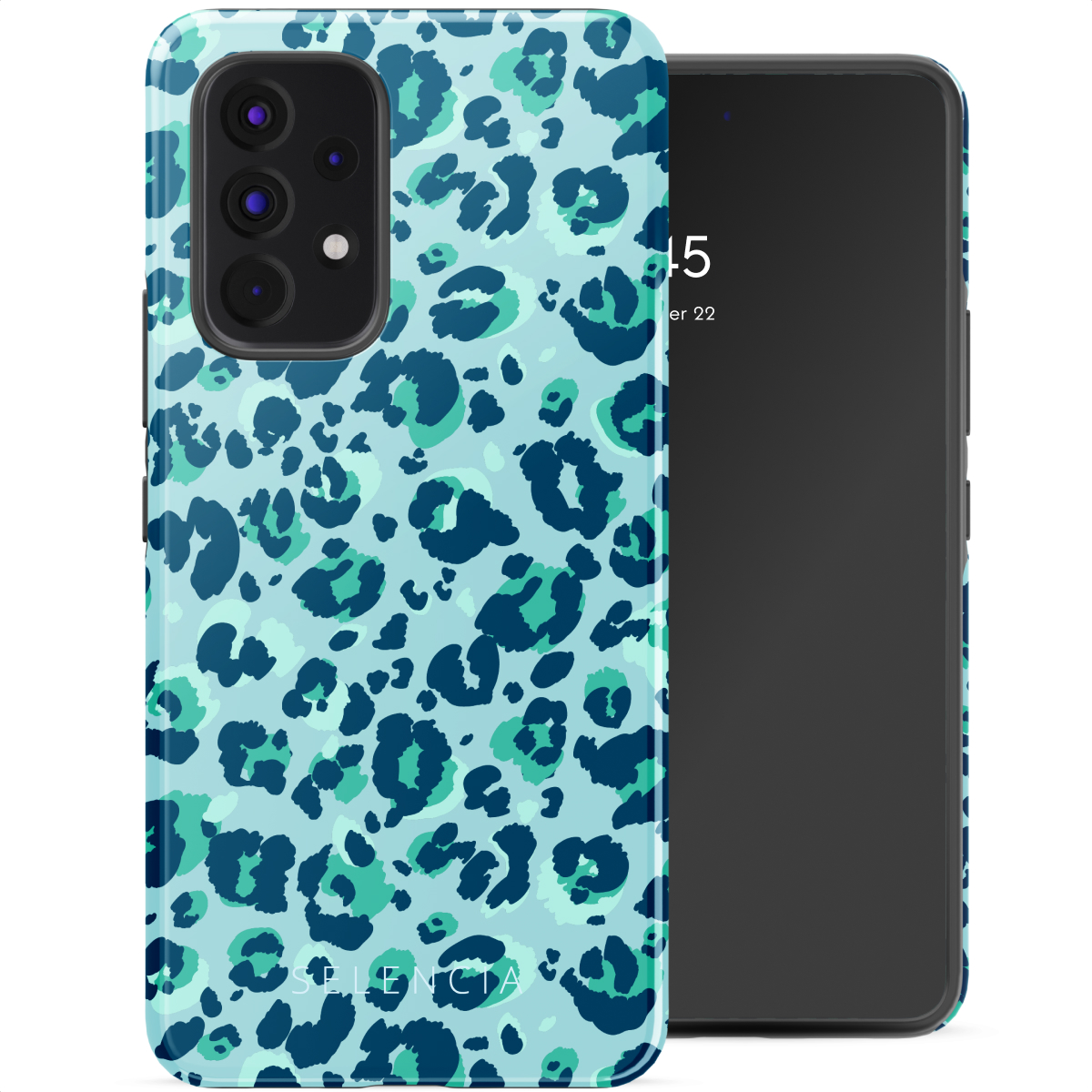 Custodia per telefono con stampa leopardata blu attorno a un telefono. Il telefono mostra l'ora.