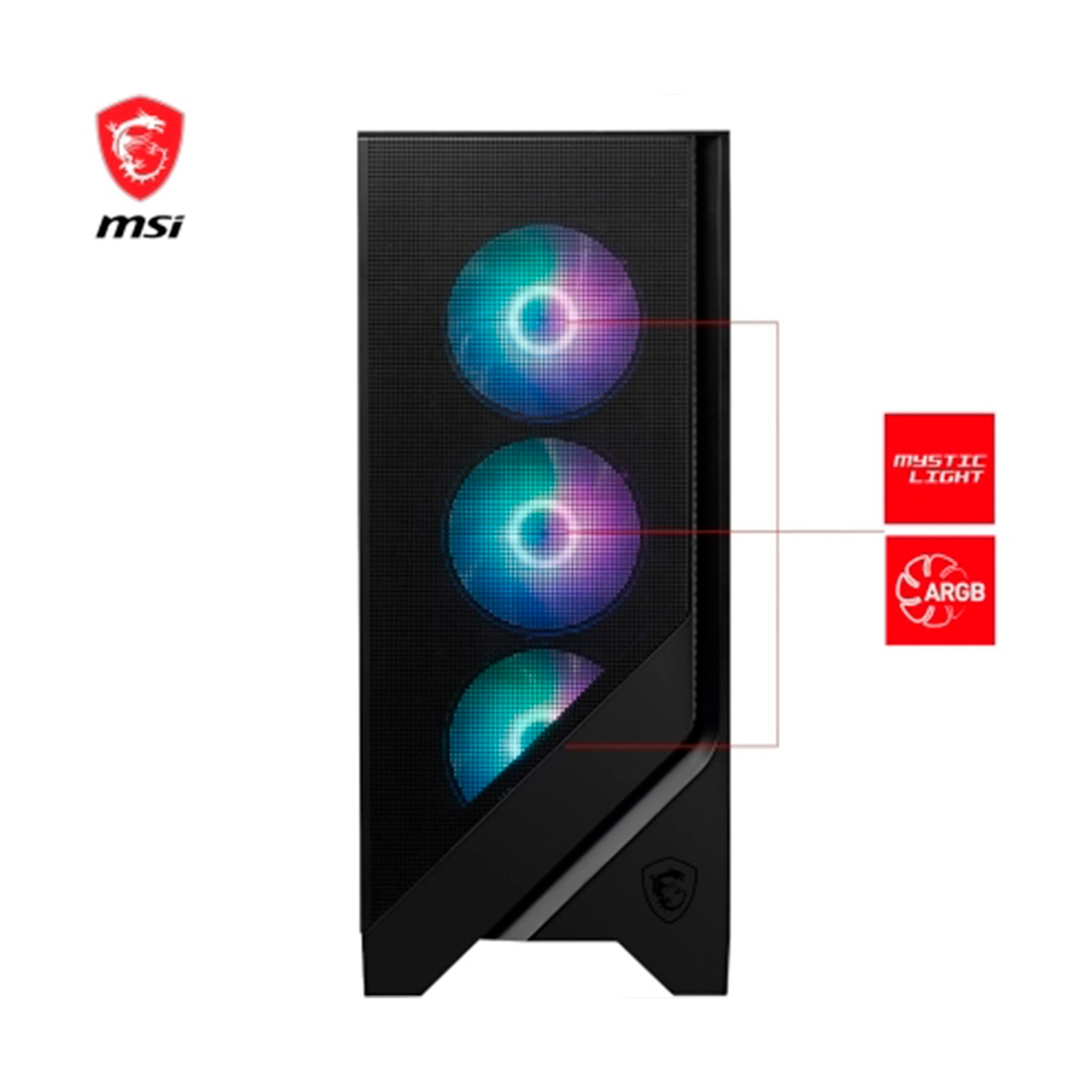 Carcasa de computadora negra con tres ventiladores iluminados, logo MSI y Mystic Light.