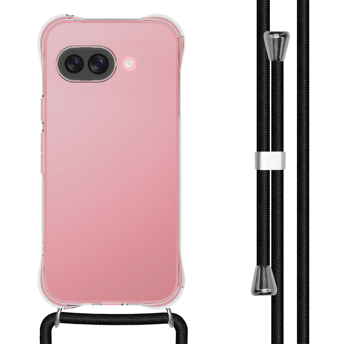 Roze telefoon met een doorzichtig hoesje en een zwart koord met zilveren accenten om om de nek te dragen.