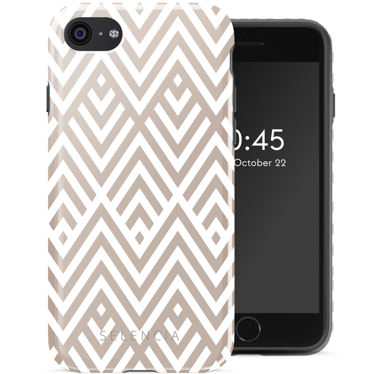 Een telefoonhoesje met een geometrisch patroon en een zwarte telefoon met scherm.