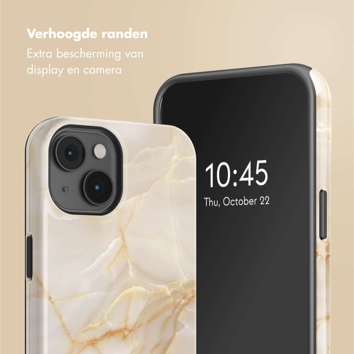 Custodia per telefono con design marmoreo bianco e oro. Lo schermo mostra le 10:45.