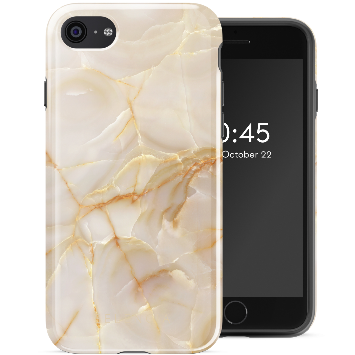 Telefoonhoesje met een beige en goud marmerontwerp en een zwarte telefoon.