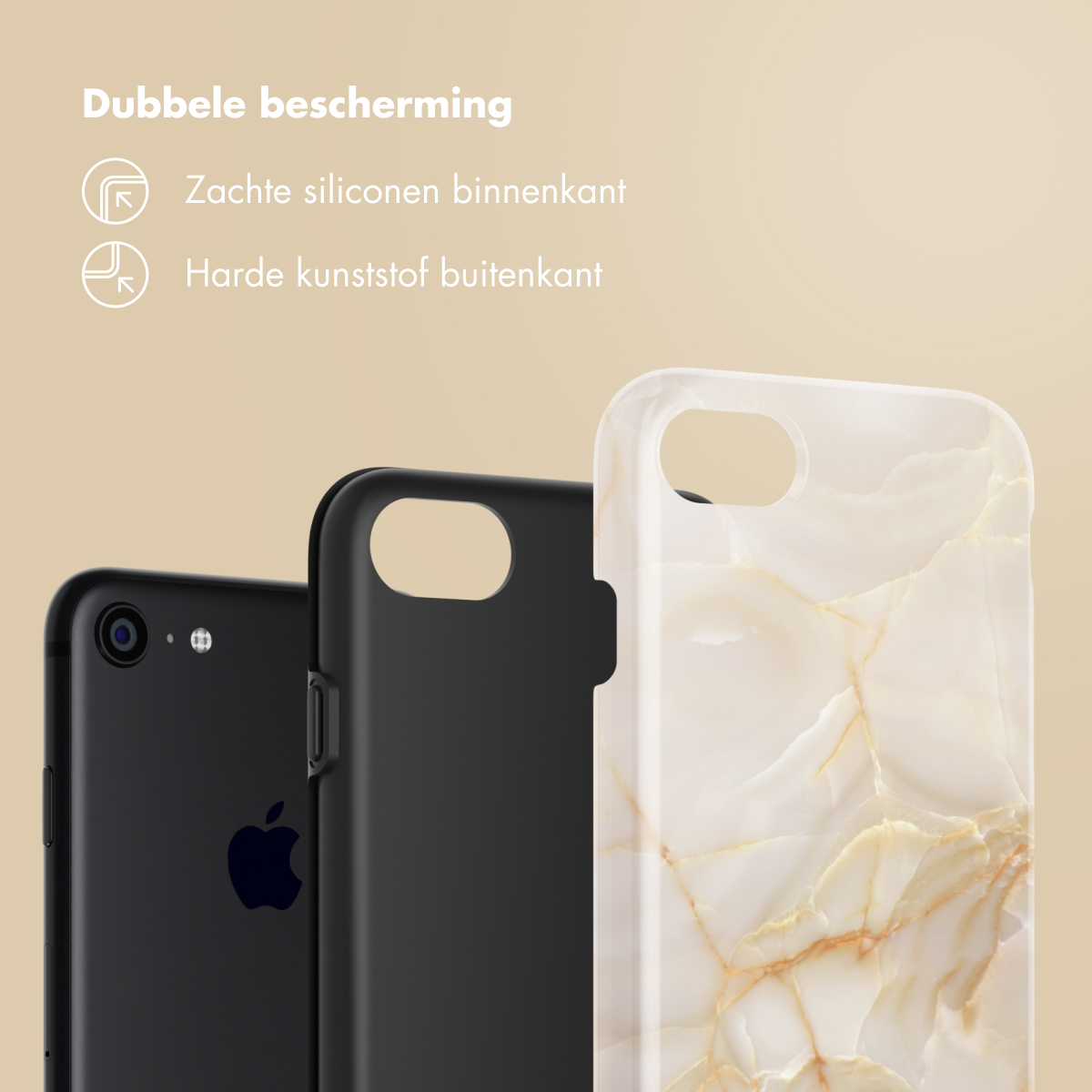 Drie telefoons. Eén zwart, één zwarte case, één witte marmeren case.