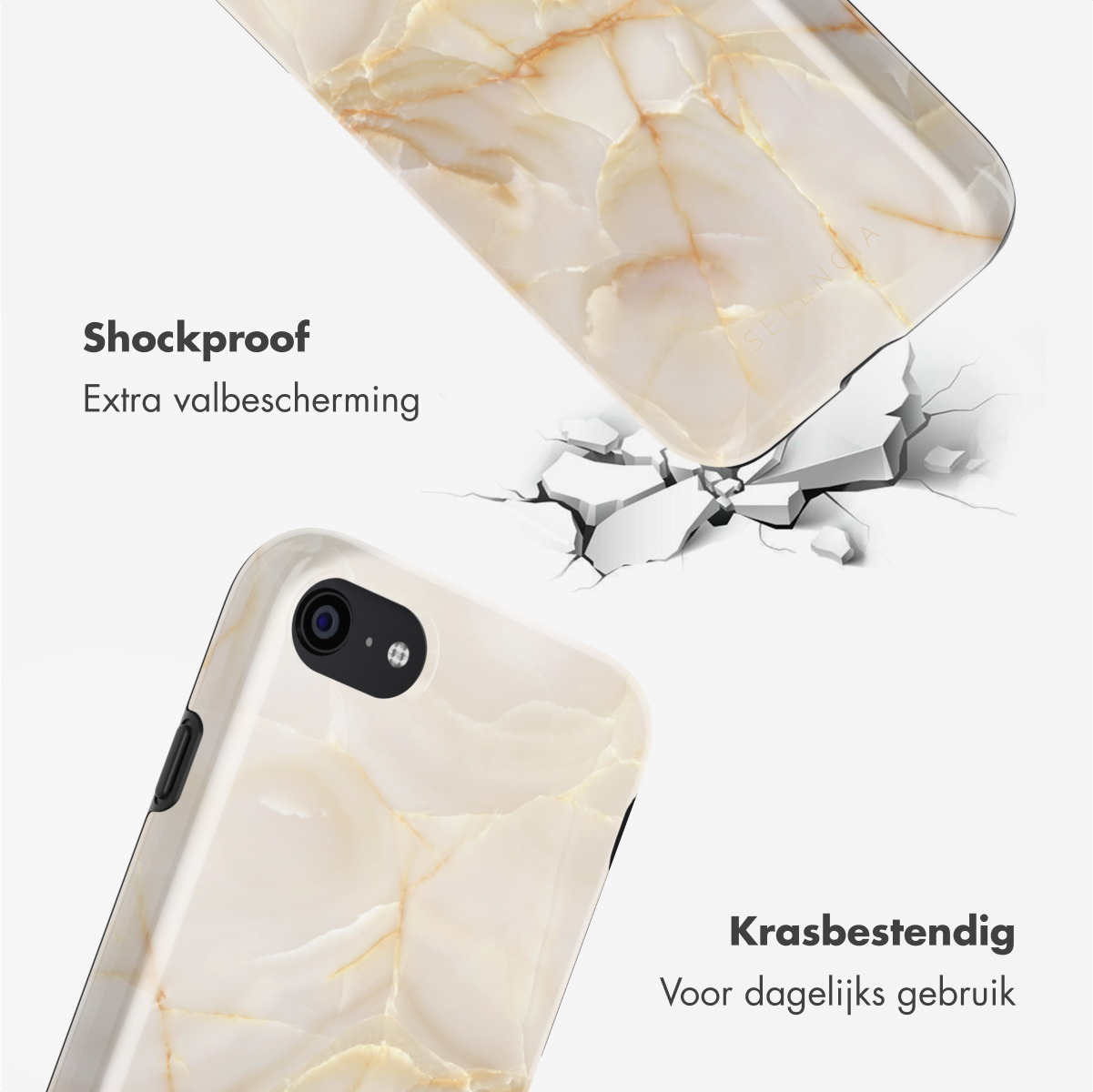 Twee telefoonhoesjes met een iPhone. Eén is wit marmer, de andere is zwart. De achtergrond is wit.